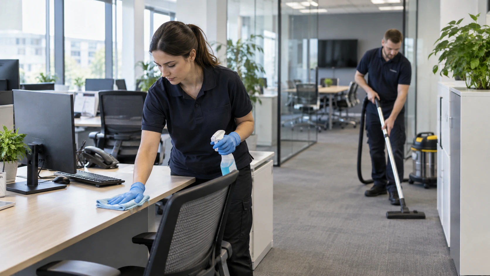 Commercial cleaner in gloves wipes an office workstation desk with microfibre cloth while a colleague vacuums the shared walkway, contemporary UK office with meeting area, ordinary professional working poses.