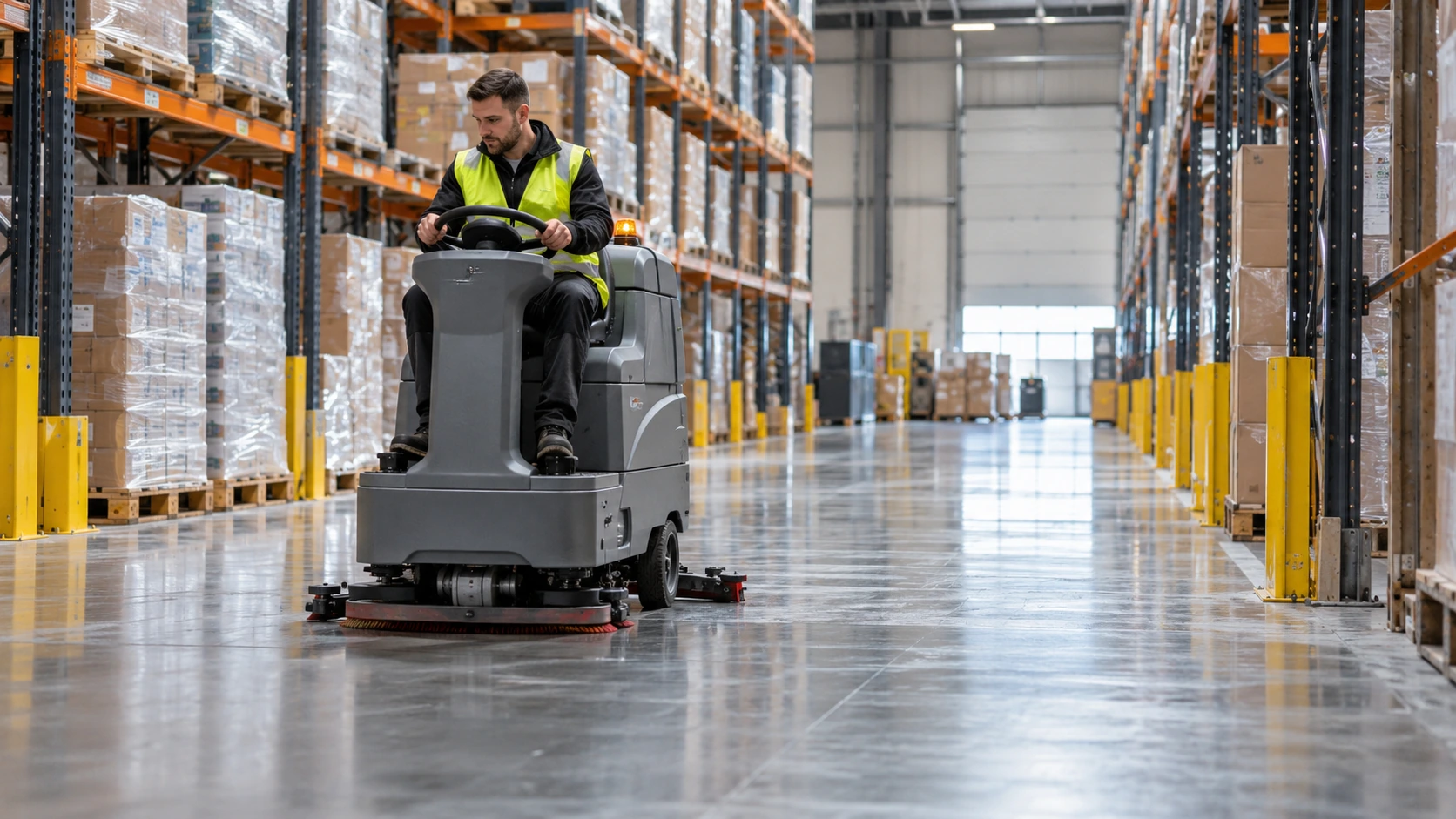 Cleaner operates a ride-on industrial floor scrubber along a broad aisle of a tidy warehouse, tall pallet racks and clear floor visible, high-vis vest, realistic working machine and safe open space.