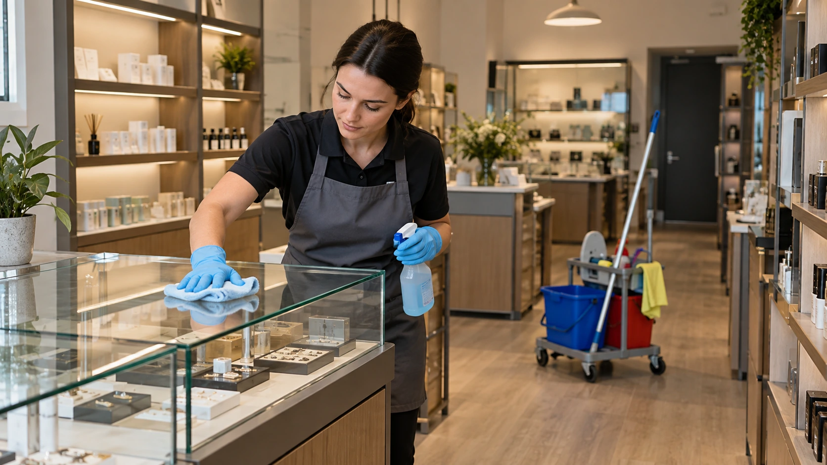 Cleaner carefully wipes a glass display counter in a closed contemporary UK shop, with mop trolley and orderly shelves behind. Customer-facing retail setting, no shoppers or readable product packaging.