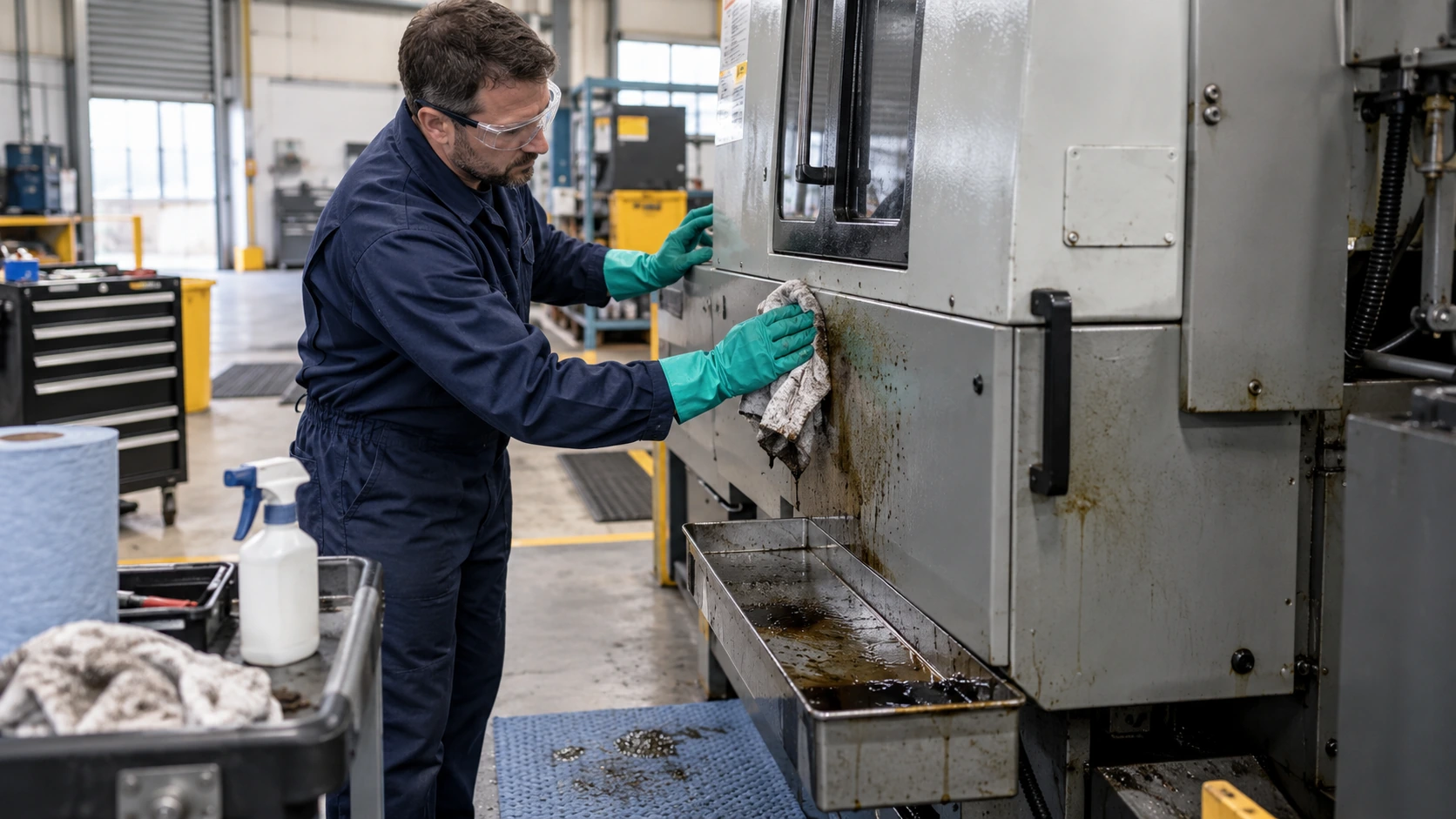 Industrial cleaner wearing protective gloves, goggles and coveralls degreases the exterior of a safely isolated workshop machine with a cloth. Oil residue on a metal tray, absorbent mat and industrial factory context, no exposed moving parts.