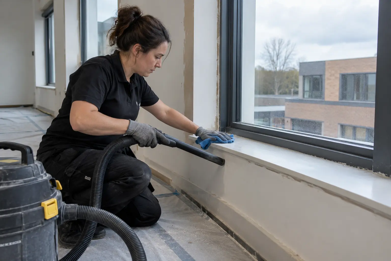 After builders commercial cleaning — Cleaner using a commercial dust extractor and microfibre cloth to remove fine plaster dust from newly fitted office windowsills after refurbishment. Protected new floor and small traces of building dust, unfinished trim, no heavy debris.