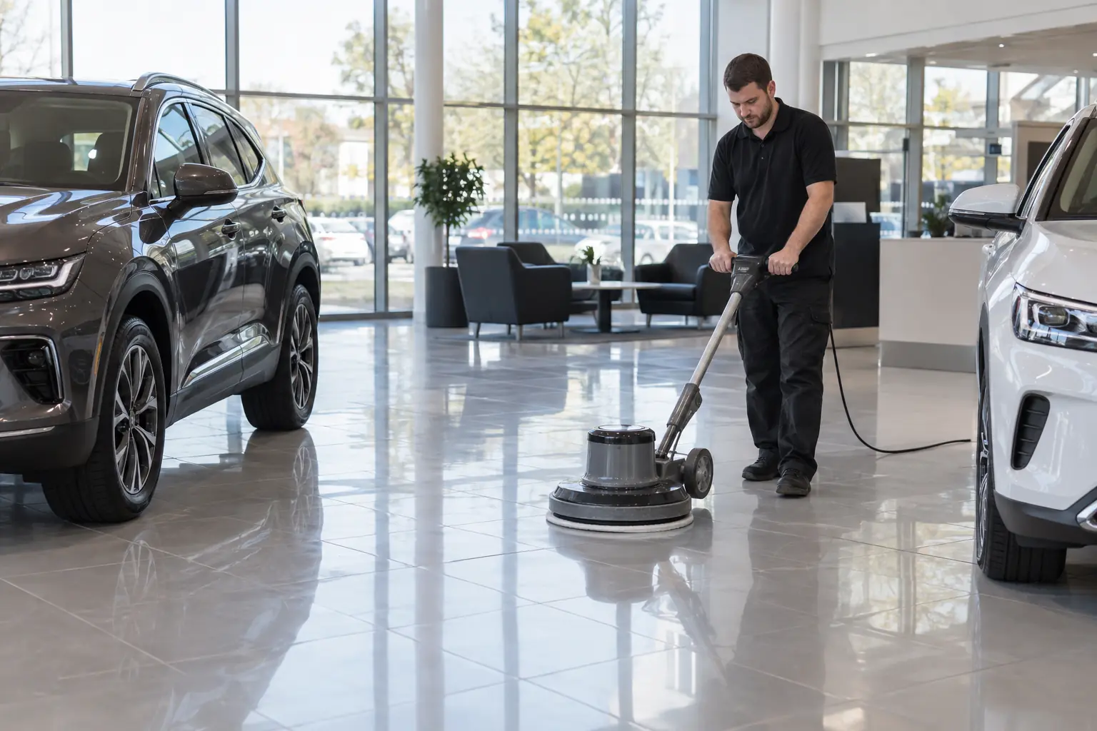 Car showroom cleaning — Cleaner using a low-profile floor buffer on glossy showroom tiles between two unbranded display cars in a bright UK car showroom. Large glass frontage and quiet customer seating area. No car badges or readable plates.