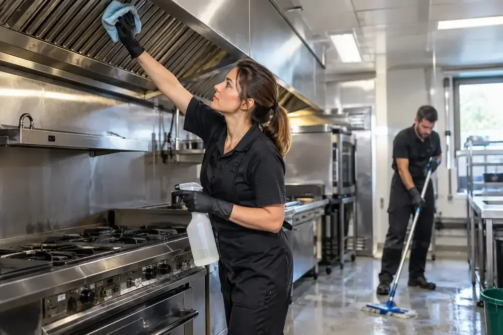 Cleaners degreasing a commercial kitchen extraction hood