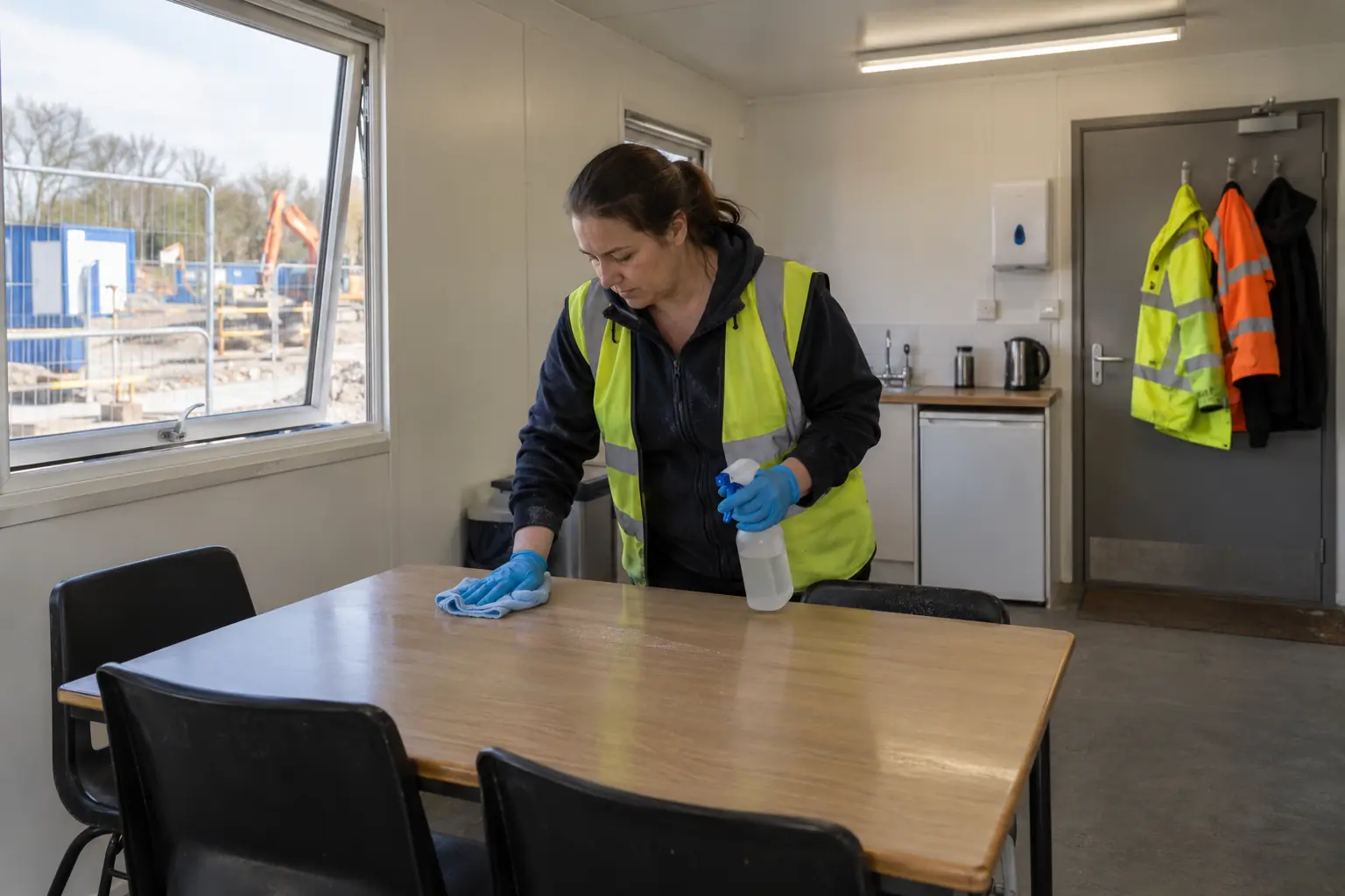 Construction site cleaning — Cleaner sanitising a table inside a tidy temporary construction-site welfare cabin, with simple chairs, kitchenette and high-visibility clothing hung by a door. Open window shows fenced construction site. Clear welfare-accommodation cleaning.