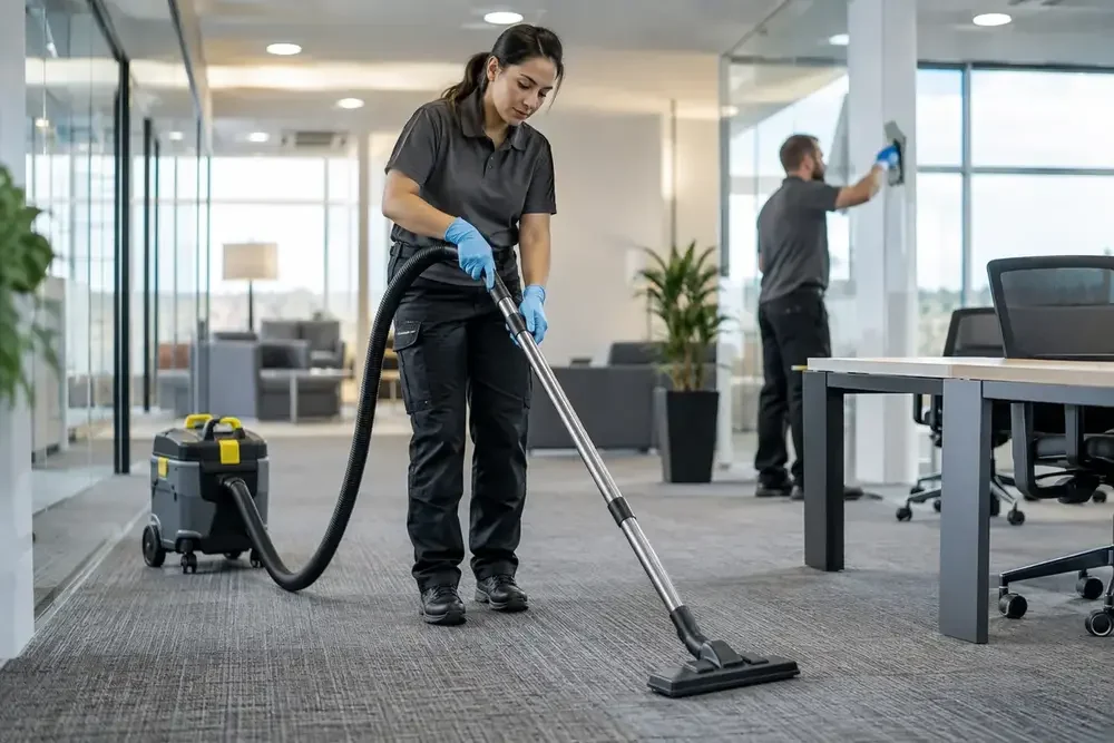 Commercial cleaner vacuuming an office carpet