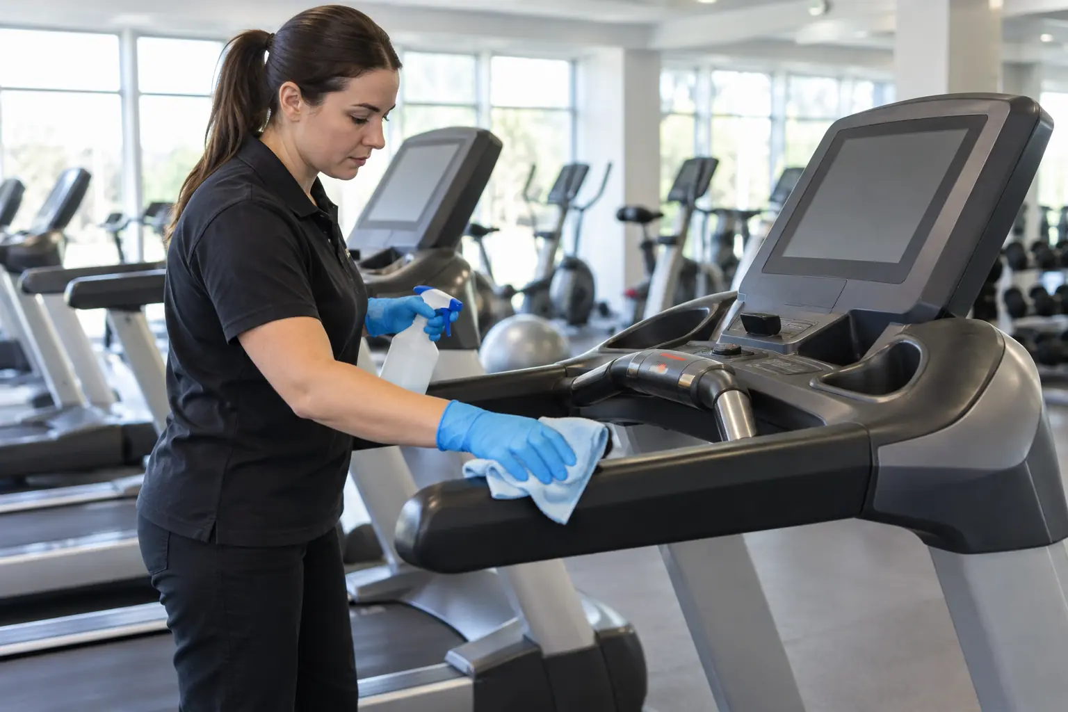 Gym cleaning services — Cleaner wearing gloves wipes the contact handles and console of an unoccupied treadmill in a bright gym. Other exercise machines softly visible, cleaning cloth and unlabelled spray bottle, no readable screens.