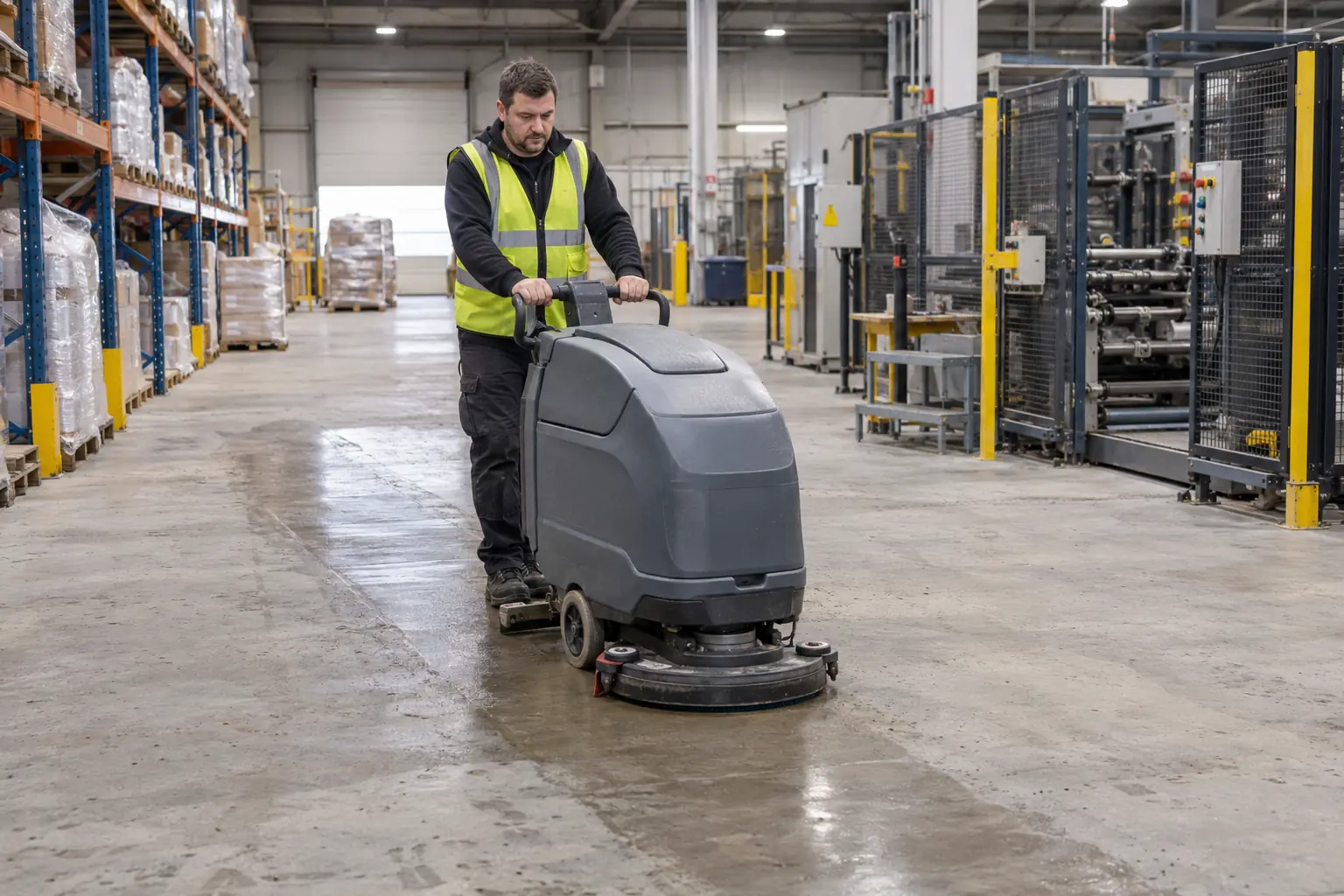 Industrial cleaning — Commercial cleaner operating a walk-behind industrial floor scrubber on a dusty concrete aisle inside a UK warehouse workshop. Pallet racks at left and idle guarded industrial machinery at right, visibly cleaner floor behind scrubber. Clear professional industrial floor cleaning.