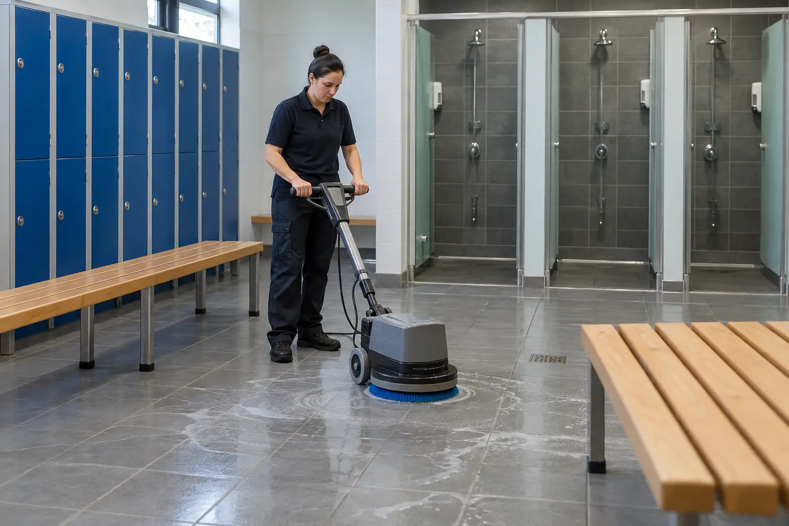 Leisure centre cleaning — Cleaner scrubbing tiled floors with a compact floor cleaning machine in an empty leisure-centre changing room. Benches, lockers and shower cubicles establish the setting, no people changing or personal items.