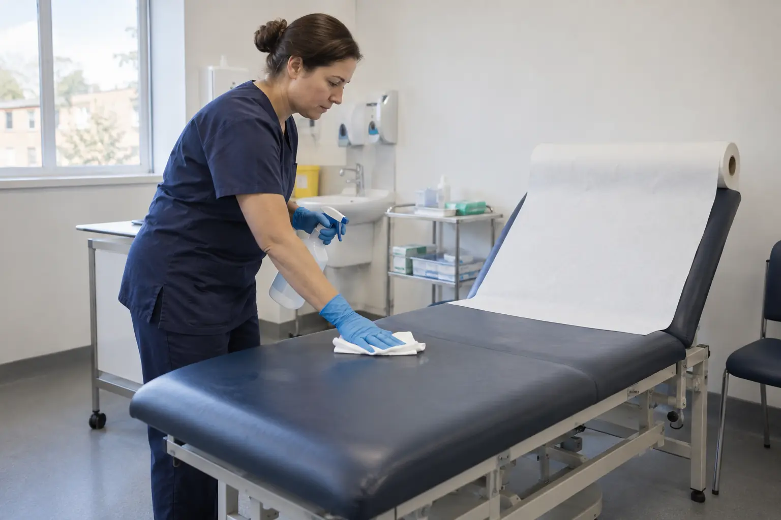 Medical centre cleaning — Cleaner in gloves carefully disinfecting the padded examination couch in an empty GP consultation room. Clinical sink, disposable paper roll and small medical trolley establish healthcare premises. Plain uniform, no readable labels.