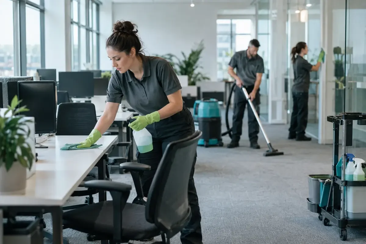 Commercial cleaners wiping office desks and vacuuming flooring