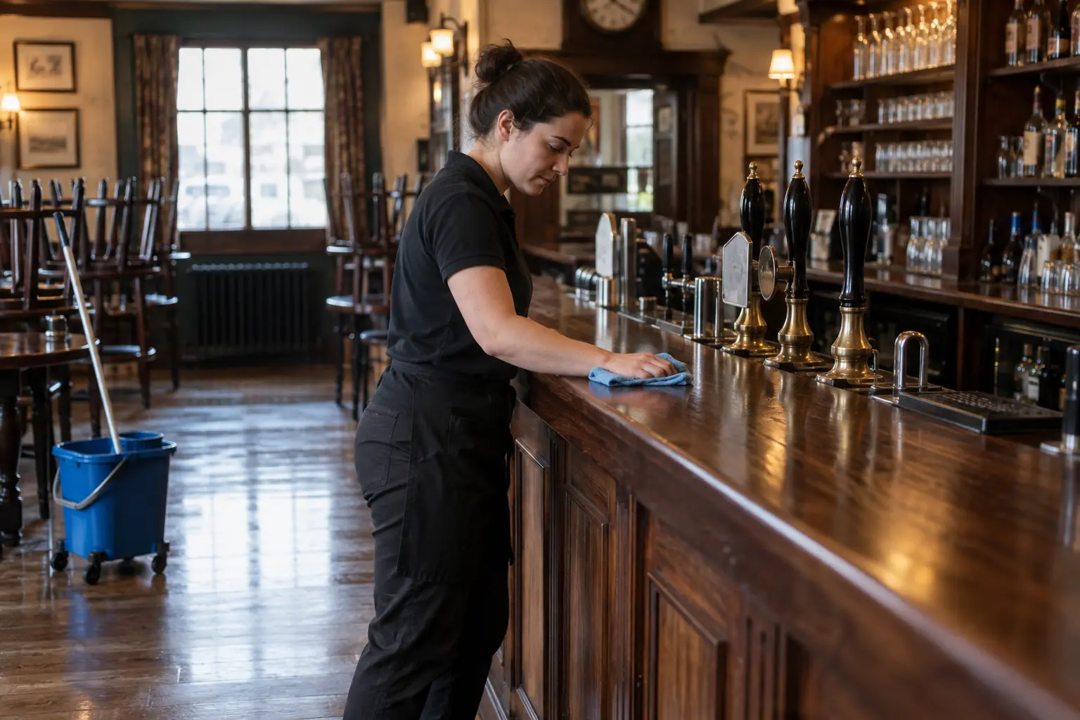 Pub cleaning services — Cleaner polishing a wooden bar counter in a closed traditional UK pub while a mop bucket and freshly cleaned floor sit nearby. Empty stools, unbranded taps and shelves, no readable bottle labels.