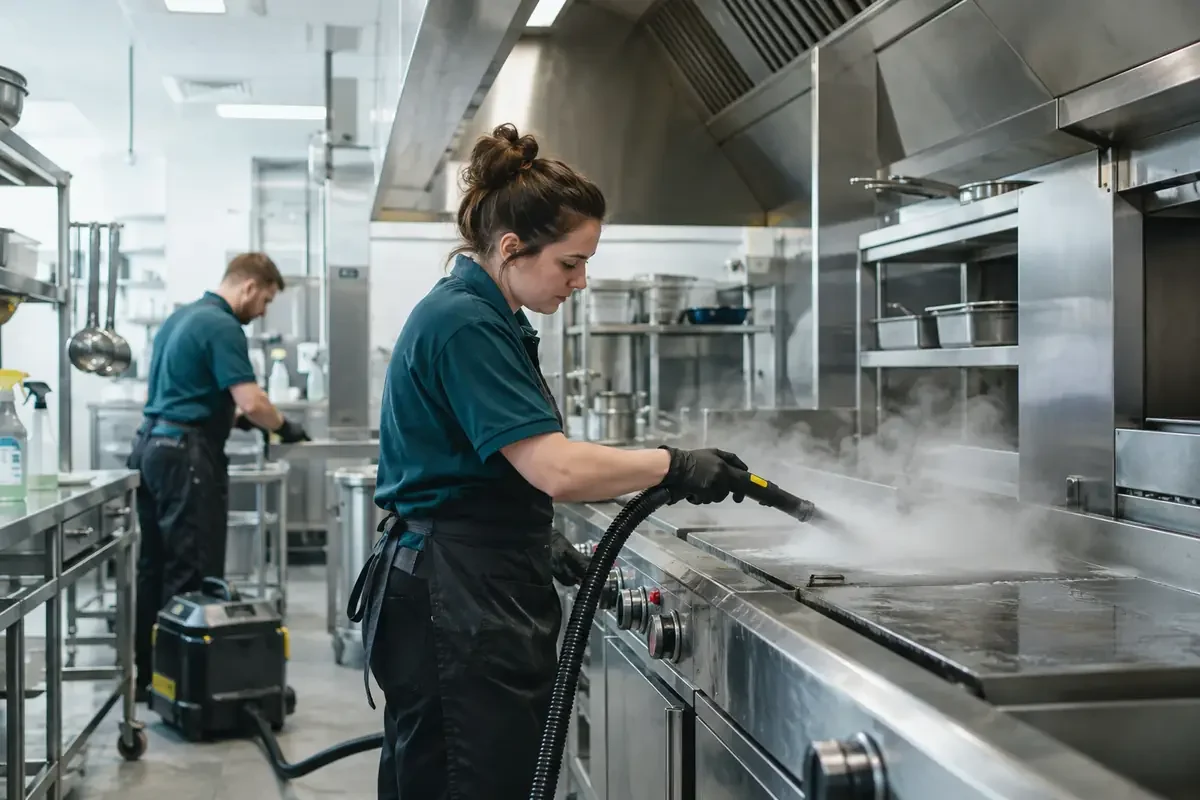 Cleaner steam-cleaning stainless steel kitchen work surfaces