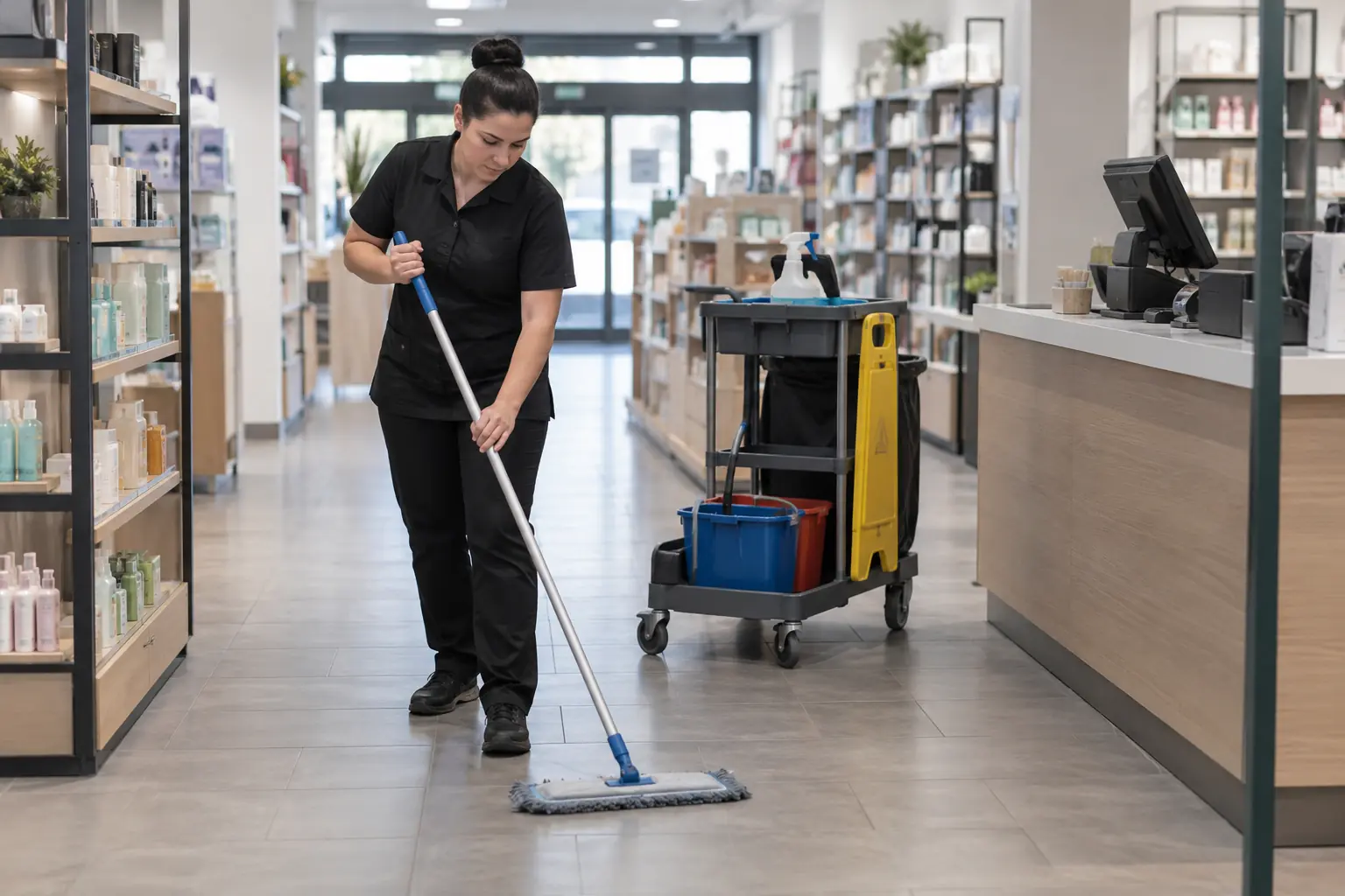 Retail cleaning services — Commercial cleaner damp-mopping the floor of an empty contemporary UK shop beside display shelves and checkout counter, with a neat cleaning trolley. No shoppers, no readable product labels.