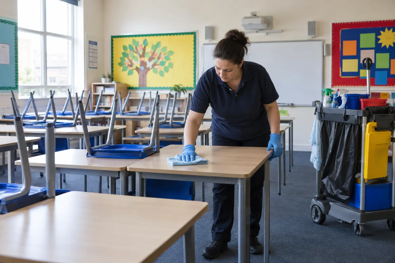 School cleaning services — Cleaner wiping pupil desks with a microfibre cloth in an empty UK classroom, with stacked chairs, text-free colourful display boards and cleaning trolley. No children, gloves and practical uniform.