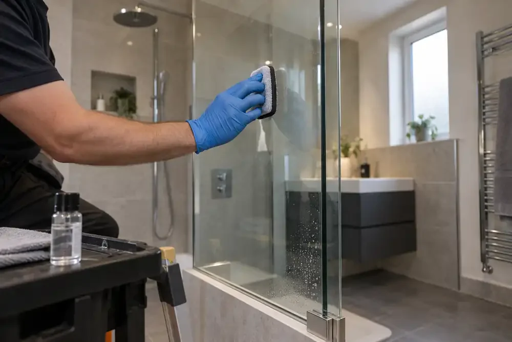 Gloved worker wiping or applying a clear coating to a glass shower enclosure