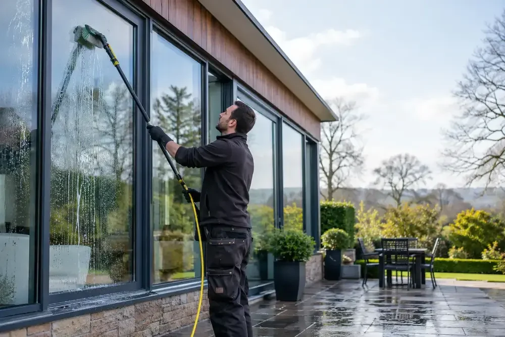 Window cleaner using a water-fed brush on tall exterior glazing